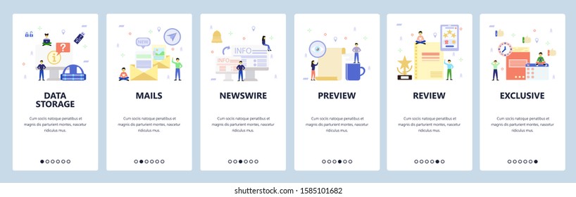 Mobile app onboarding screens. Data storage, technology, email, news. Menu vector banner template for website and mobile development. Web site design flat illustration.