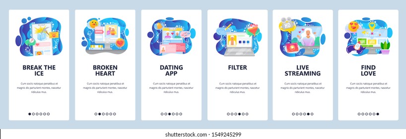 Mobile App Onboarding Screens. Dating Service. Love Messages, Filter Profile, Search, Live Streaming Video. Menu Vector Banner Template For Website And Mobile Development. Web Site Design Flat