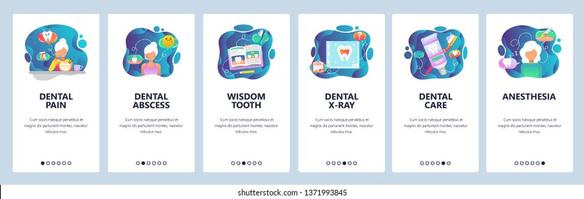 Mobile app onboarding screens. Dental clinic treatment, teeth pain, x-ray, wisdom tooth. Menu vector banner template for website and mobile development. Web site design flat illustration.