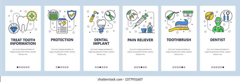 Mobile app onboarding screens. Dental care, tooth implant, dentist doctor and health insurance. Menu vector banner template for website and mobile development. Web site design flat illustration.