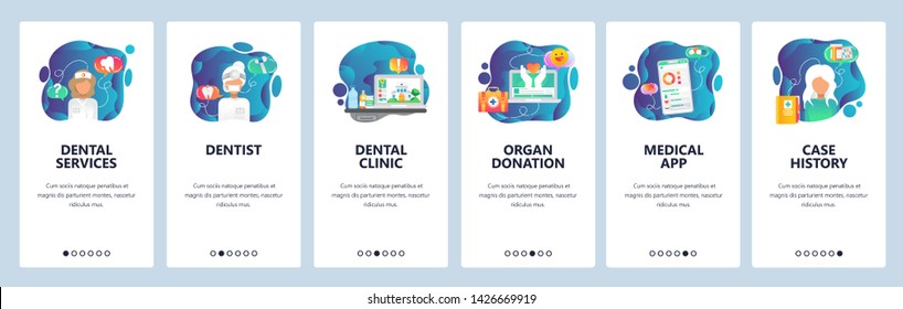 Mobile app onboarding screens. Dental clinic, doctor, medical history, organ donation, nurse. Menu vector banner template for website and mobile development. Web site design flat illustration.