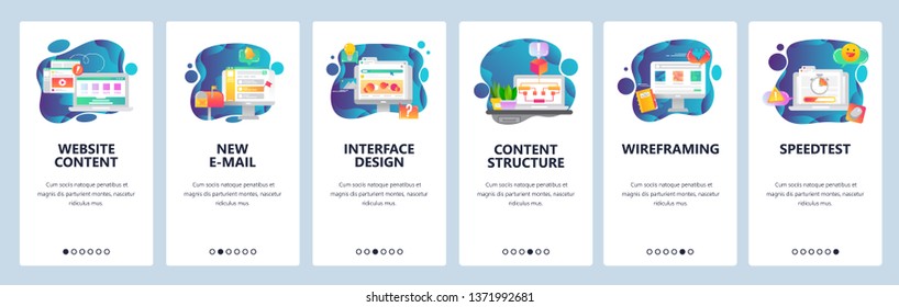 Mobile app onboarding screens. Design, content and wireframe interface. Menu vector banner template for website and mobile development. Web site design flat illustration