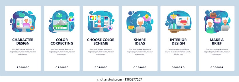 Mobile app onboarding screens. Design and digital photo editing, interior design, share ideas. Menu vector banner template for website and mobile development. Web site illustration.