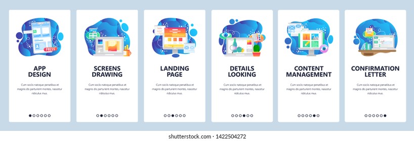 Mobile app onboarding screens. Mobile app design, landing page, web development, content management. Menu vector banner template for website and mobile development. Web site design flat illustration.