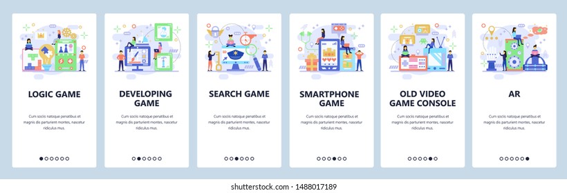 Mobile app onboarding screens. Different types of games. Video, console, educational games. Menu vector banner template for website and mobile development. Web site design flat illustration.