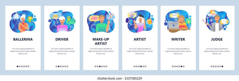 Mobile app onboarding screens. Different occupations, poeple, job, professions, workers. Menu vector banner template for website and mobile development. Web site design flat illustration.