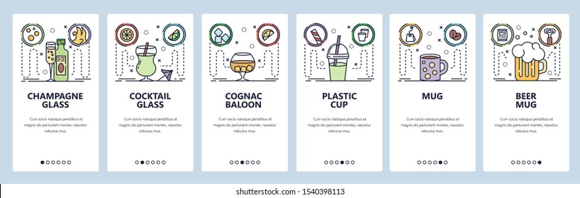 Mobile app onboarding screens. Different glasses and cups for champagne, cocktail, beer and lemonade. Menu vector banner template for website and mobile development. Web site design flat illustration.