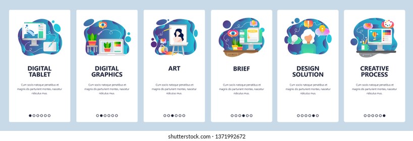 Mobile app onboarding screens. Digital illustration, art, creative and design. Menu vector banner template for website and mobile development. Web site design flat illustration