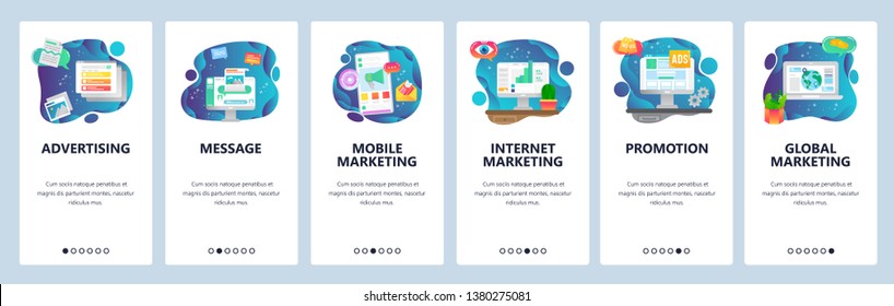 Mobile app onboarding screens. Digital internet marketing, advertising, mobile marketing. Menu vector banner template for website and mobile development. Web site design flat illustration