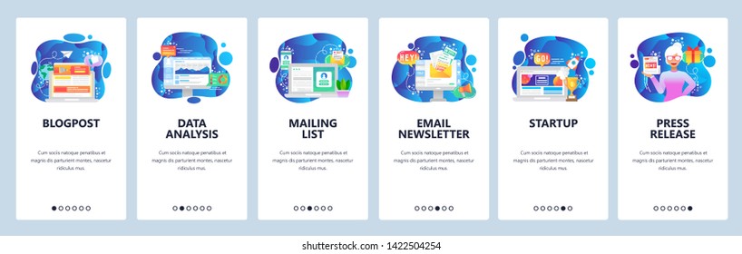 Mobile app onboarding screens. Digital marketing, email newsletter, data analysis, business startup. Menu vector banner template for website and mobile development. Web site design flat illustration.