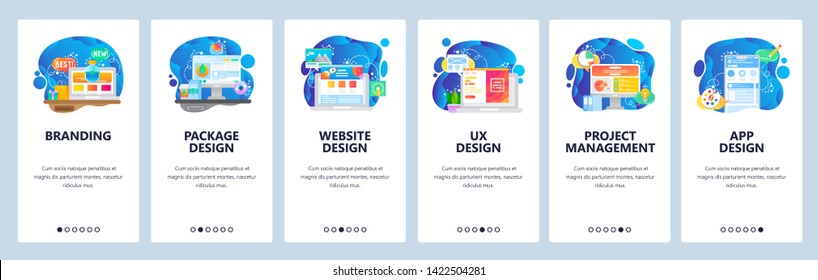 Mobile app onboarding screens. Digital marketing, branding, mobile app UI design, project management. Menu vector banner template for website and mobile development. Web site design flat illustration.