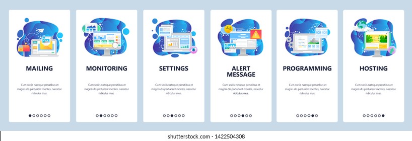 Mobile app onboarding screens. Digital marketing, alert message, mailing, hosting. Menu vector banner template for website and mobile development. Web site design flat illustration.