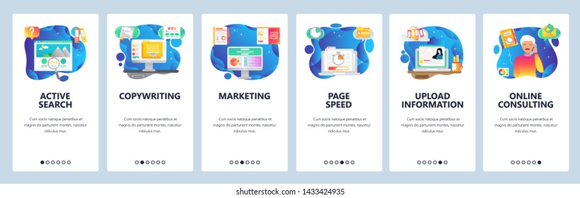 Mobile app onboarding screens. Digital marketing, information search, copywriting, page speed. Menu vector banner template for website and mobile development. Web site design flat illustration.