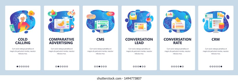 Mobile app onboarding screens. Digital marketing, conversion rate, data storage, cold calls. Menu vector banner template for website and mobile development. Web site design flat illustration.