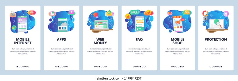 Mobile app onboarding screens. Digital money, online shopping, sale promotion, data protection. Menu vector banner template for website and mobile development. Web site design flat illustration.