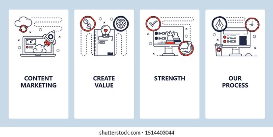 Mobile app onboarding screens. Digital and content marketing, create value, business. Menu vector banner template for website and mobile development. Web site design flat illustration.