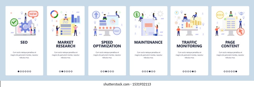 Mobile app onboarding screens. Digital and seo marketing, speed optimization, traffic monitoring. Menu vector banner template for website and mobile development. Web site design flat illustration.