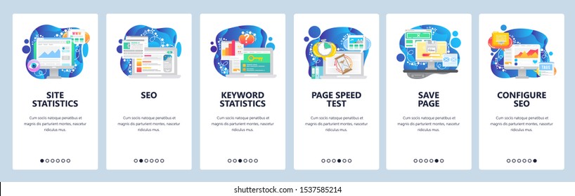 Mobile app onboarding screens. Digital marketing charts, business analytics, SEO and speed optimization. Menu vector banner template for website and mobile development. Web site design flat