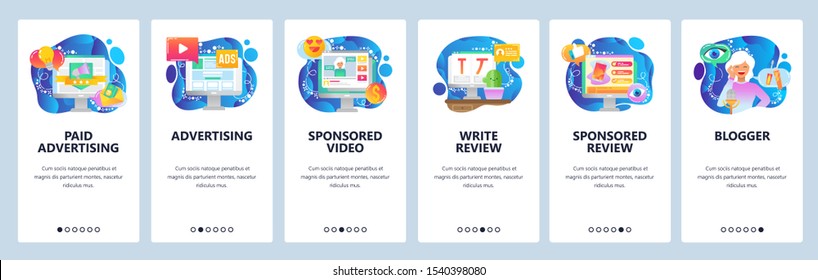 Mobile app onboarding screens. Digital media marketing, online advertisement, sponsored post, blogger. Menu vector banner template for website and mobile development. Web site design flat illustration