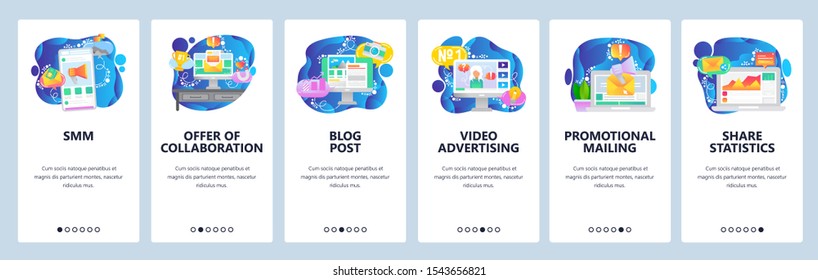 Mobile app onboarding screens. Digital media marketing, business analytics, video promotion and advertisement. Vector banner template for website and mobile development. Web site design flat