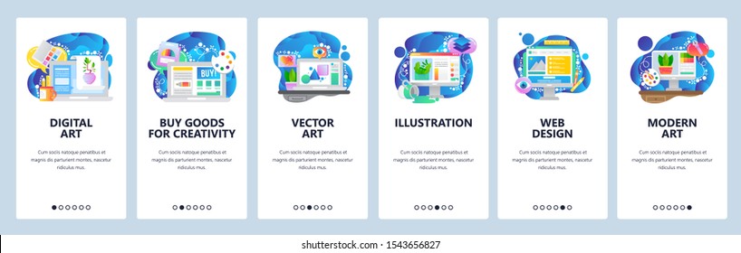 Mobile app onboarding screens. Digital art, drawing, paint palette, modern art. Menu vector banner template for website and mobile development. Web site design flat illustration.