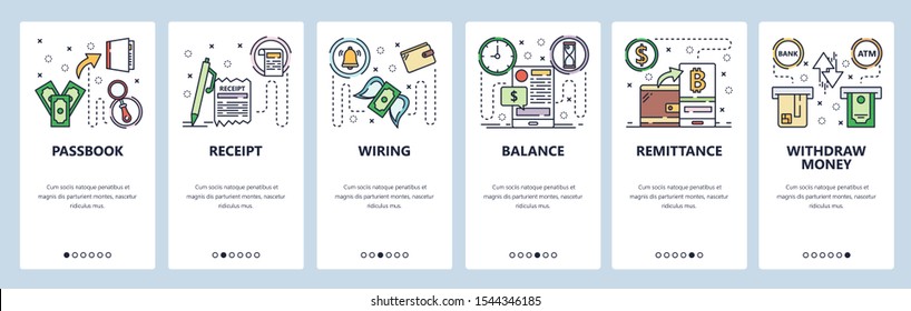 Mobile App Onboarding Screens. Digital Currency Wallet, Money Transfer. Passbook, ATM Withdraw, Wire Transfer. Menu Vector Banner Template For Website And Mobile Development. Web Site Design Flat