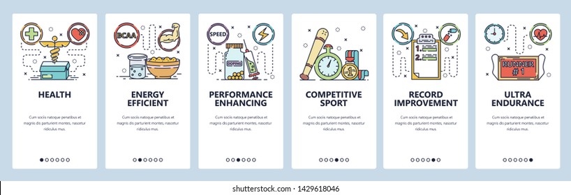 Mobile app onboarding screens. Doping, sport records, health and diet. Menu vector banner template for website and mobile development. Web site design flat illustration.