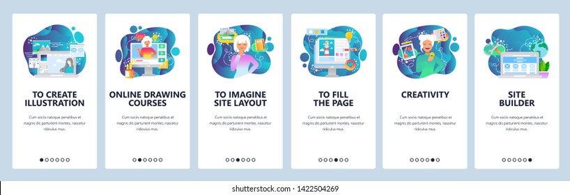 Mobile app onboarding screens. Draw digital illustration, media content, web development. Menu vector banner template for website and mobile development. Web site design flat illustration.