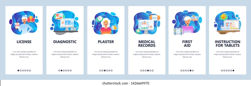 Mobile app onboarding screens. Drugs information, first aid, nurse, medical records. Menu vector banner template for website and mobile development. Web site design flat illustration.