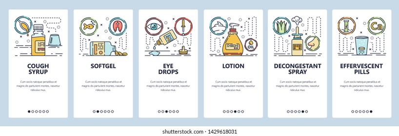 Mobile app onboarding screens. Drugs, eye drops, nasal spray, cough syrup, cream and lotion. Menu vector banner template for website and mobile development. Web site design flat illustration.