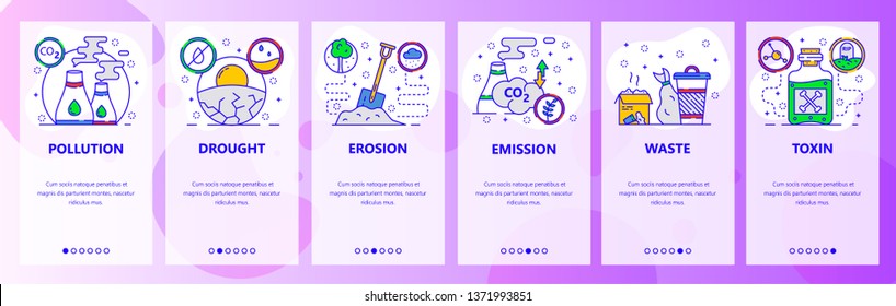 Mobile app onboarding screens. Earth pollution, global warming and climate change, gas emission, waste. Menu vector banner template for website and mobile development. Web site flat illustration.