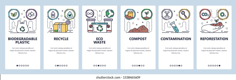 Mobile app onboarding screens. Eco plastic bag, recycle waste, contamination, environment, reforestation. Menu vector banner template for website and mobile development. Web site design flat