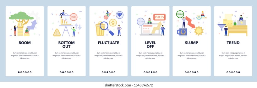 Mobile app onboarding screens. Economy, financial and trading icons, stock exchange, business. Menu vector banner template for website and mobile development. Web site design flat illustration.