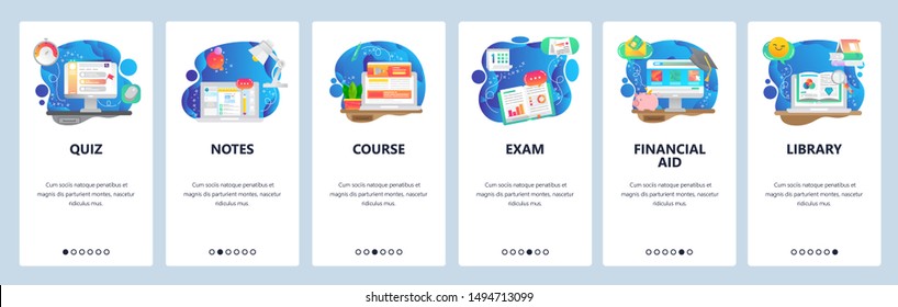 Mobile app onboarding screens. Education, library books, online course, take notes. Menu vector banner template for website and mobile development. Web site design flat illustration.