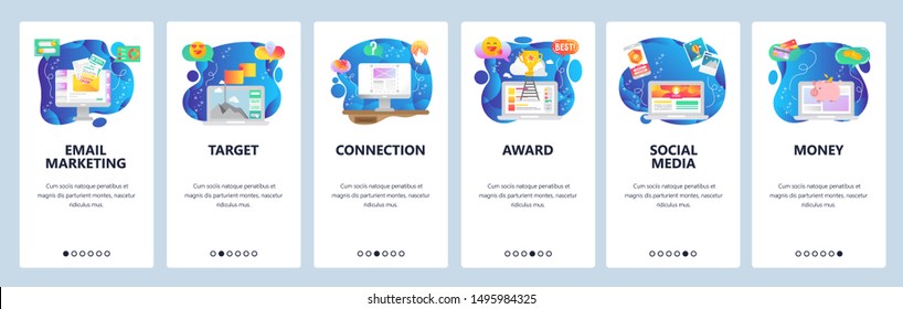 Mobile app onboarding screens. Email marketing, social media, business leader. Menu vector banner template for website and mobile development. Web site design flat illustration.