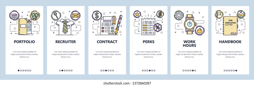 Mobile app onboarding screens. Employment, HR recruiter, cintract. job offer, working hours. Menu vector banner template for website and mobile development. Web site design flat illustration.