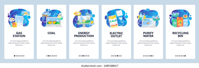 Mobile app onboarding screens. Energy production, gas station, recycling bin. Menu vector banner template for website and mobile development. Web site design flat illustration.