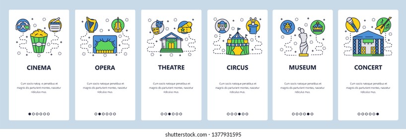 Mobile app onboarding screens. Entertainment icons, cinema, opera, circus, thatre, museum. Menu vector banner template for website and mobile development. Web site design flat illustration.