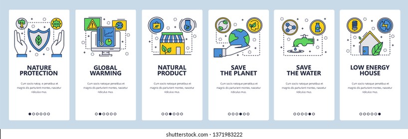 Mobile app onboarding screens. Environment, global warming and climate change, save the planet. Menu vector banner template for website and mobile development. Web site design flat illustration.