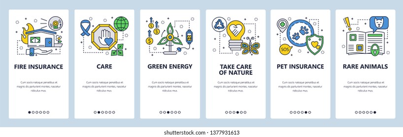 Mobile app onboarding screens. Environment and animals protection, green energy, fire and health insurance. Menu vector banner template for website and mobile development. Web site flat illustration.