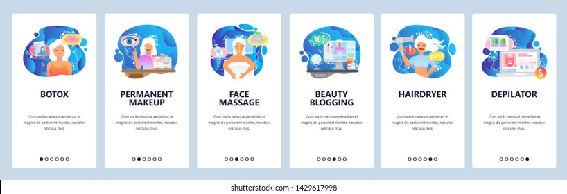 Mobile app onboarding screens. Face massage, beauty spa, cosmetic, botox, hair cut. Menu vector banner template for website and mobile development. Web site design flat illustration.
