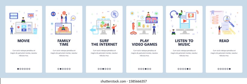 Mobile app onboarding screens. Family time at home, play video games, watch movies, read book, music. Menu vector banner template for website and mobile development. Web site design flat illustration.