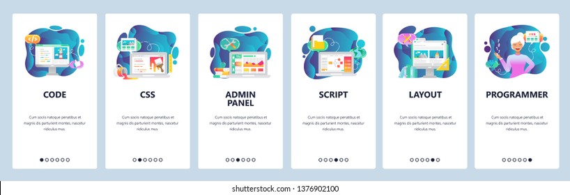 Mobile app onboarding screens. Female developer, programming code, admin panel and java script. Menu vector banner template for website and mobile development. Web site design flat illustration.