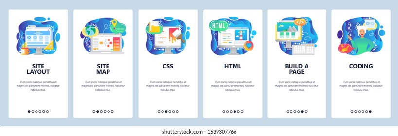 Mobile app onboarding screens. Female software engineer, html and css coding, build a site. Menu vector banner template for website and mobile development. Web design flat illustration.