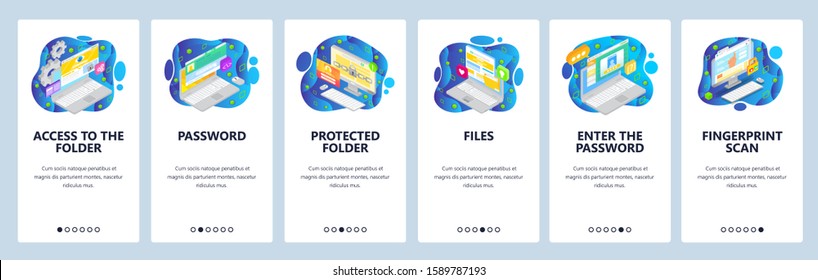 Mobile app onboarding screens. Files secure access, cyber security, account login, password, fingerprint scan. Vector banner template for website and mobile development. Web site design flat