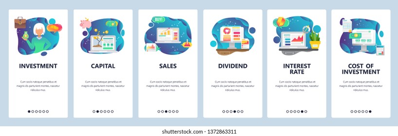 Mobile app onboarding screens. Finance business icons, money investment, sales and capital, interest rate. Menu vector banner template for website and mobile development. Web site design illustration