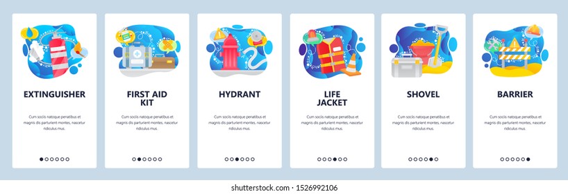 Mobile app onboarding screens. Fire fighting kit, alarm warning sign, water hydrant. Menu vector banner template for website and mobile development. Web site design flat illustration.