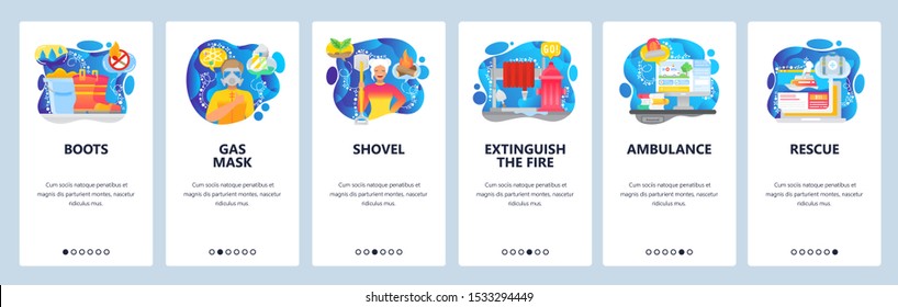 Mobile app onboarding screens. Fire figthing pipe and hydrant, protective wear, ambulance and rescue signal. Menu vector banner template for website and mobile development. Web site design flat