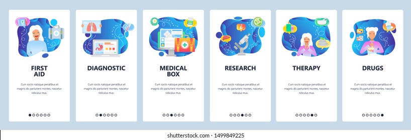 Mobile app onboarding screens. First aid kit, diagnostic, medical research, prescription drugs, therapy, female patient. Menu vector banner template for website and mobile development. Web site design