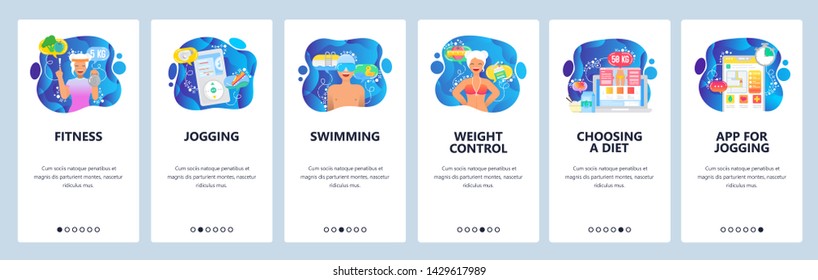 Mobile app onboarding screens. Fitness, music for jogging, diet and weight control, healthy lifestyle. Menu vector banner template for website and mobile development. Web site design flat illustration